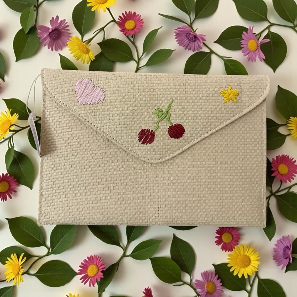 Color Play Straw Clutch with Embroidered  Cherry, Heart &‎ Straw Accents New